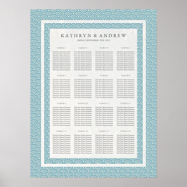 Sea Blue Green Wave Pattern Wedding Seating Chart (Front)