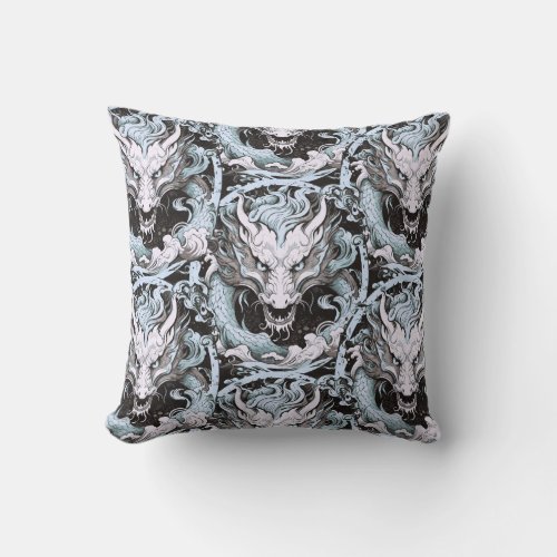 Sea Blue Medieval Chinese or Japanese Dragon  Throw Pillow
