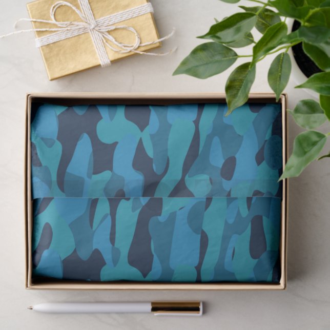 sea blue, midnight blue, teal blue, and blue camo tissue paper (Gift)