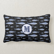 Sea Blue Monogram Watercolor Shark + Jellyfish Lumbar Pillow
