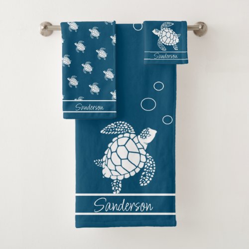 Sea Blue Monogram  White Sea Turtle Nautical Bath Towel Set