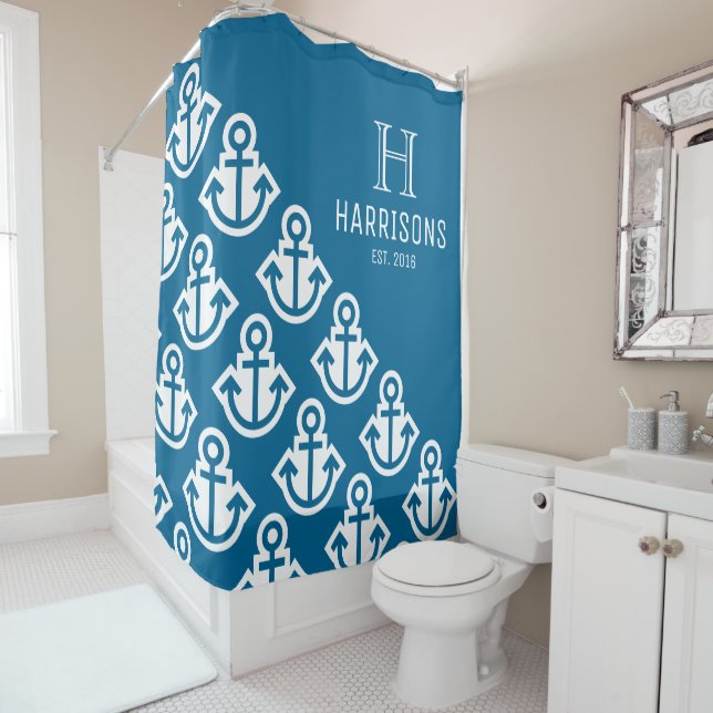 Sea Blue Nautical Anchors Personalized Family Name Shower Curtain (In Situ)