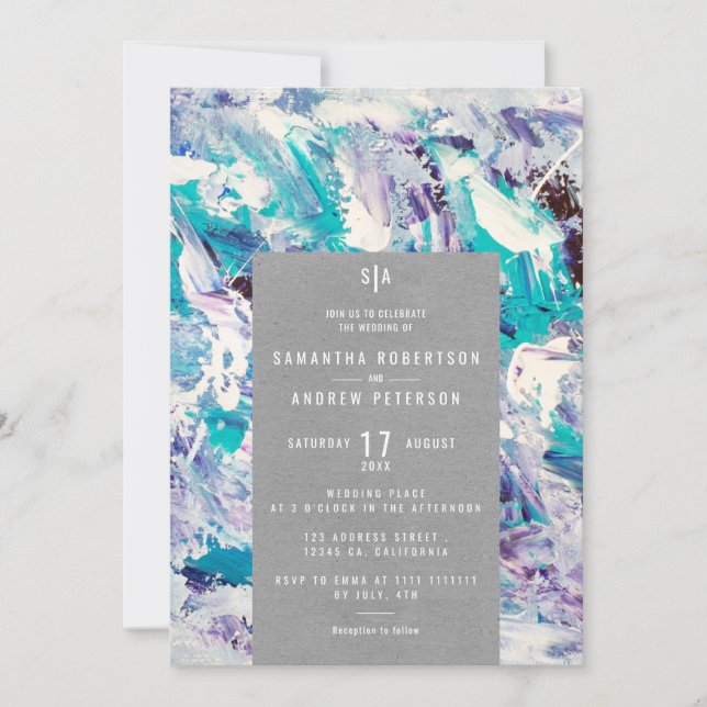 Sea blue purple brushstrokes elegant kraft wedding invitation (Front)