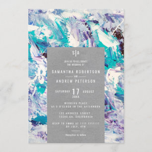 Sea blue purple brushstrokes elegant kraft wedding invitation