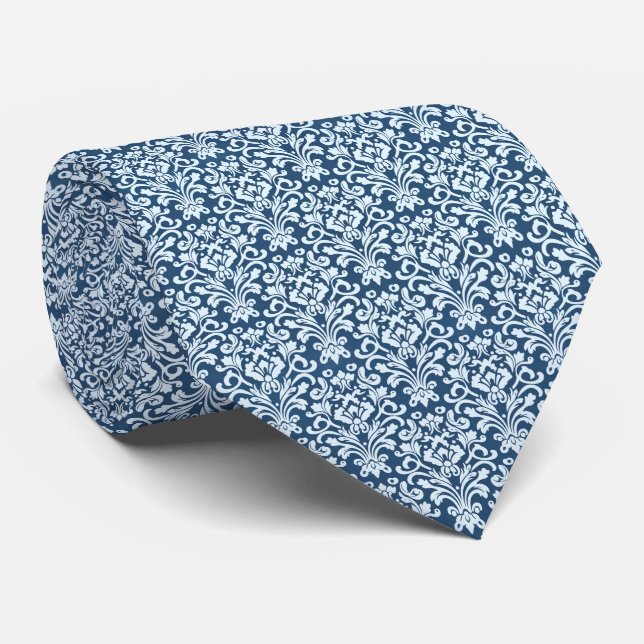 Sea Blue & Soft Pale Blue Baroque-style Damask  Neck Tie (Rolled)