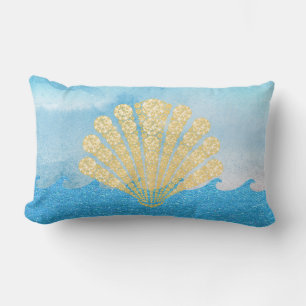 Sea Blue Sparkling Waves Gold Diamond Seashell Lumbar Pillow