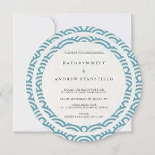 Sea Blue Stylized Waves Elegant Beach Wedding Invitation