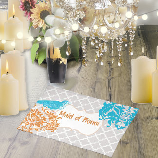 Sea Blue Vintage Bird Coral and Gray Maid of Honor Cloth Placemat