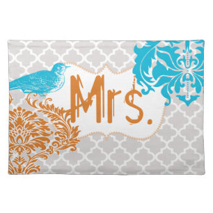 Sea Blue Vintage Bird Coral and Gray Monogram Cloth Placemat