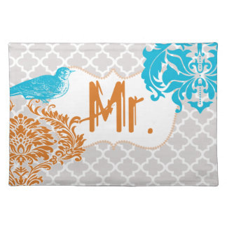 Sea Blue Vintage Bird Coral and Gray Monogram Placemat