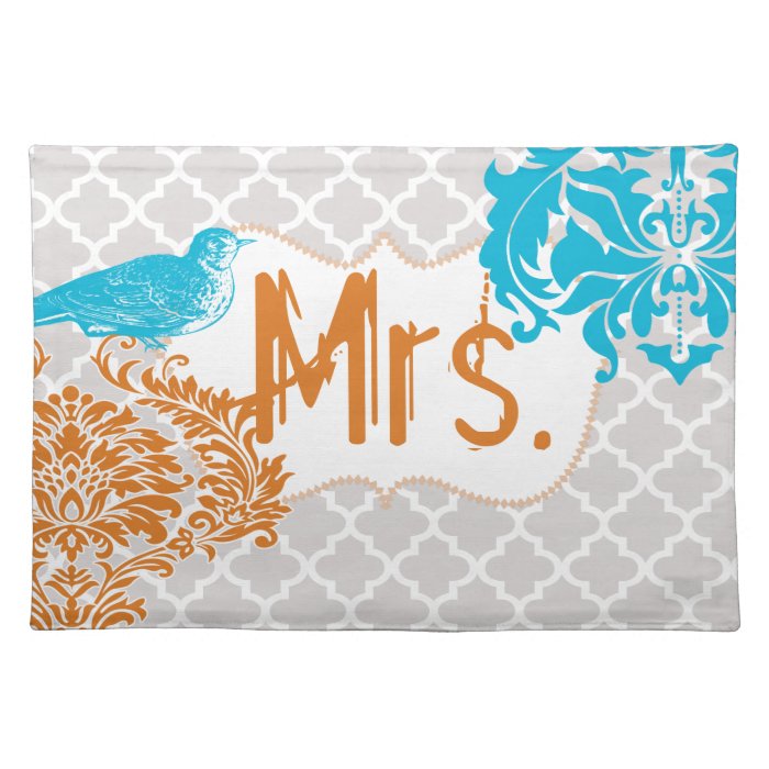 Sea Blue Vintage Bird Coral and Gray Monogram Placemats