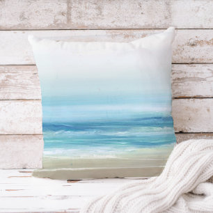 Sea Blue Watercolor Beach Waves Coastal Throw Pillow