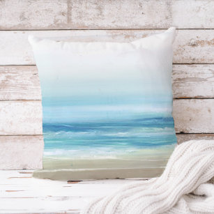 Sea Blue Watercolor Beach Waves Coastal  Throw Pillow