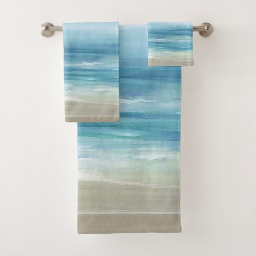 Sea Blue Watercolor Ocean Waves Coastal Beach  Bath Towel Set