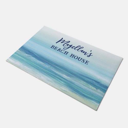 Sea Blue Watercolor Ocean Waves Coastal Beach  Doormat