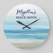 Sea Blue Watercolor Ocean Waves Coastal Beach Large Clock