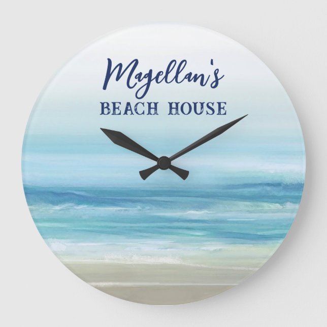 Sea Blue Watercolor Ocean Waves Coastal Beach Large Clock (Front)