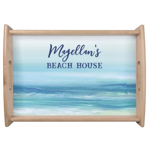 Sea Blue Watercolor Ocean Waves Coastal Beach  Serving Tray