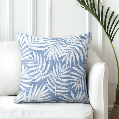 Sea Blue  White Palm Leaf Throw Pillow