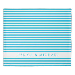 Sea Blue & White Striped Pattern Name Duvet Cover