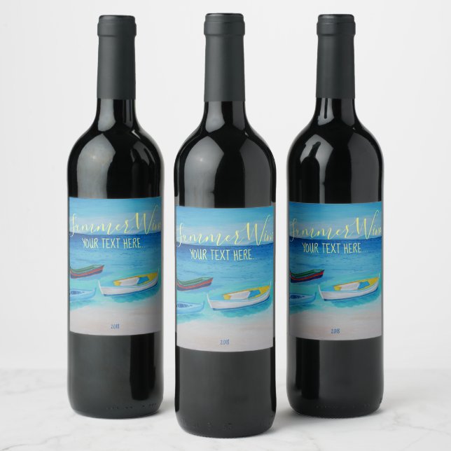 Sea Blue, Yellow Drifting Boats Wine Label (Bottles)
