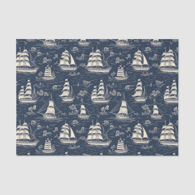 Sea Boats at Night Navy Blue Decoupage Tissue Paper (Front)