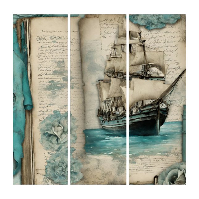 Sea boats, Junk Journal style wall art  (Front)