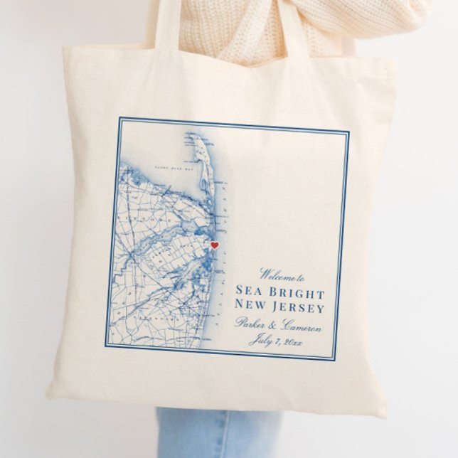 Sea Bright New Jersey Map Elegant Wedding Welcome Tote Bag (These Welcome to Sea Bright New Jersey tote bags are perfect for your Jersey shore wedding)