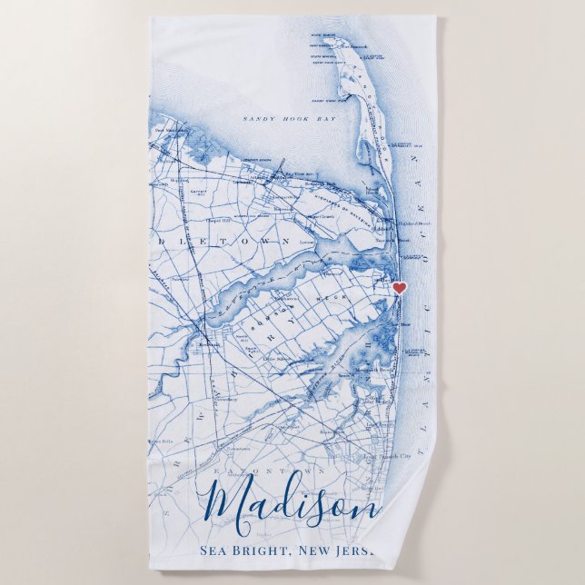 Sea Bright New Jersey Map Navy Blue Beach Towel (Front)