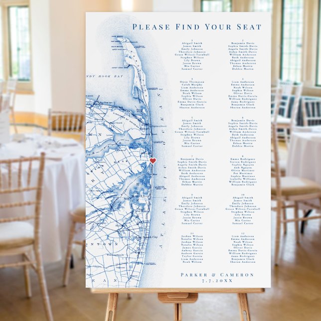 Sea Bright New Jersey Map Wedding Seating Chart Foam Board (This Sea Bright NJ seating chart is perfect for your Jersey shore beach destination wedding)