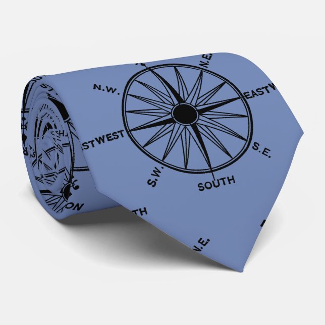 Sea Compass Pattern on Blue Neck Tie (Rolled)