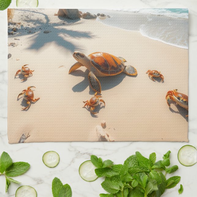 Sea  Crabs on Tropical Beach – Serene Ocea Kitchen Towel (Folded)