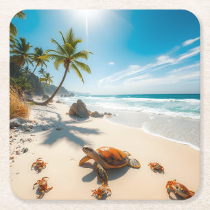 Sea  Crabs on Tropical Beach – Serene Ocea Square Paper Coaster