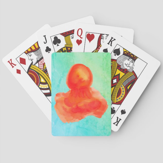 Sea Creature Artistic Orange Watercolor Jellyfish Poker Cards (Back)