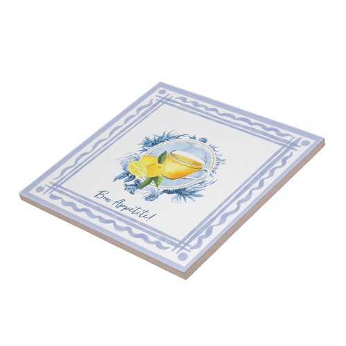 Sea creatures blue frame and lemon tea watercolor  ceramic tile