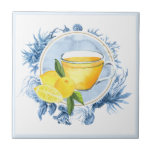 Sea creatures blue frame and lemon tea watercolor ceramic tile<br><div class="desc">Mediterranean vacation inspired artsy ceramic decor tile, featuring watercolor sea creatures on blue gradient background and faux-golden frame, lemon tea in the middle, designed by theLakeIsland. Use it as a decor in your kitchen backsplash. Recommended for white, blue, green aesthetic kitchen, interior. Mix and match it with other items from...</div>