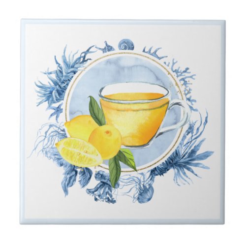 Sea creatures blue frame and lemon tea watercolor ceramic tile