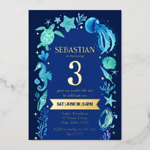 Sea Creatures Boy Birthday Party Foil Invitation