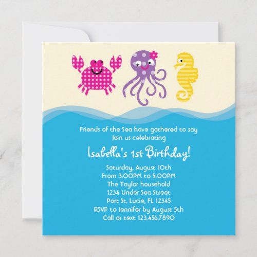 Sea Creatures Girl Birthday Invitation