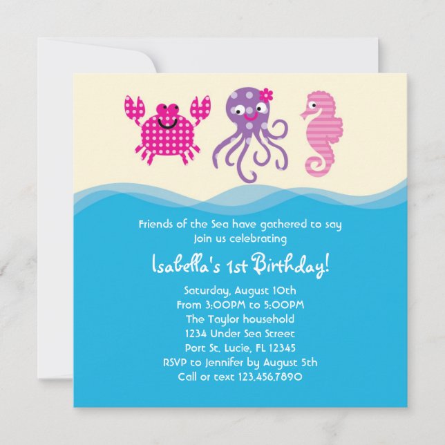 Sea Creatures Girl Birthday Invitation (Front)