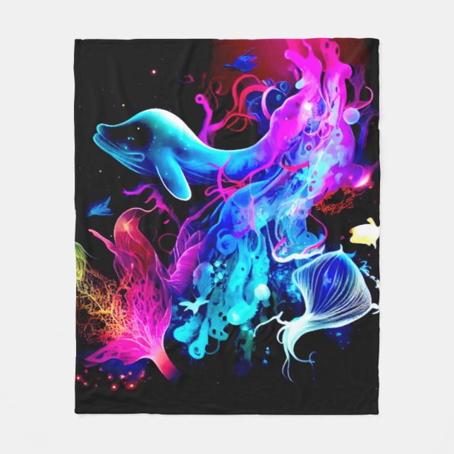 SEA CREATURES, SEA ANIMALS LUMINOUS COLOR  FLEECE BLANKET (Front)