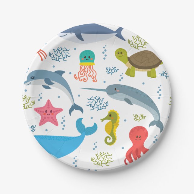 Sea Creatures Seamless Pattern Party  Paper Plates (Front)