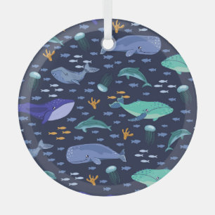 Sea creatures: whales, jellyfish pattern. glass ornament