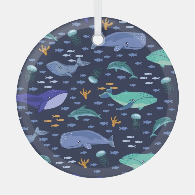 Sea creatures: whales, jellyfish pattern. glass ornament (Front)