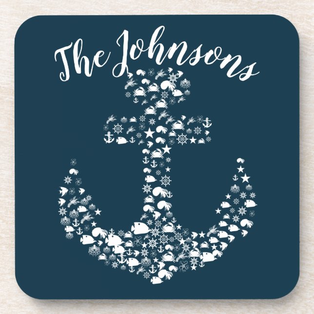 Sea Critters Anchor Nautical / Coastal Beverage Coaster (Front)