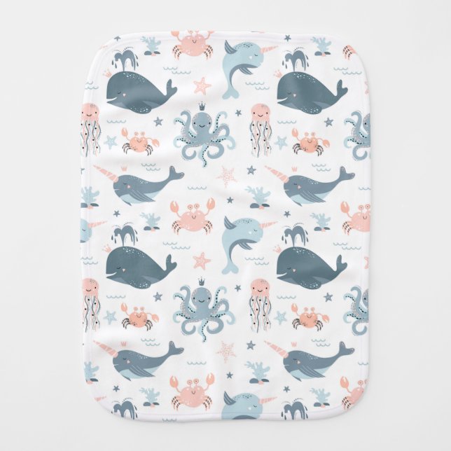 Sea Critters Baby Burp Cloth (Front)
