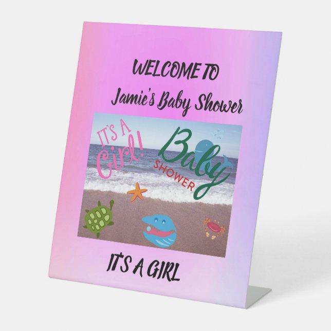 Sea Critters Baby Shower Pink Background Pedestal Sign (Front)