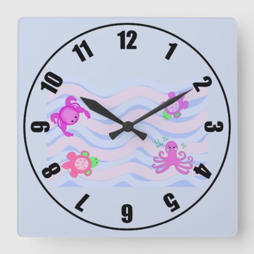 Sea Critters Nursery Decor Square Wall Clock