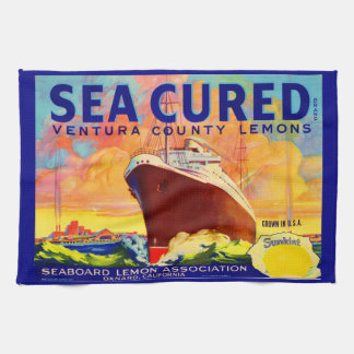Sea-Cured brand lemons crate label print Kitchen Towel
