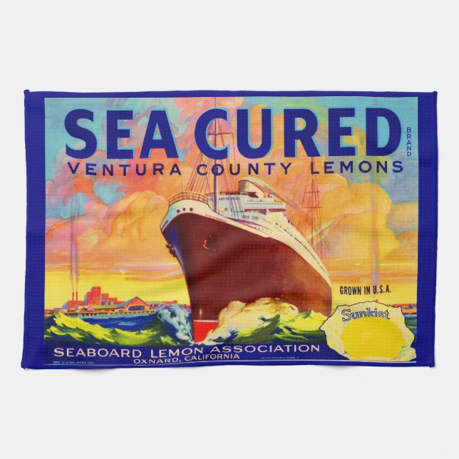 Sea-Cured brand lemons crate label print Kitchen Towel (Horizontal)